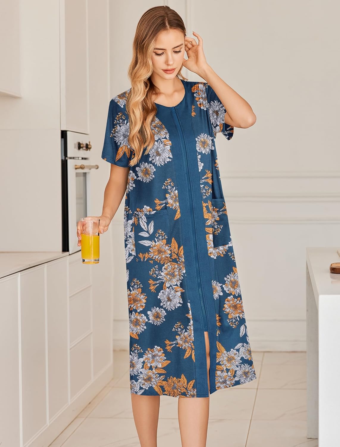 Blue zip-front bathrobe robe with short sleeves and large floral print