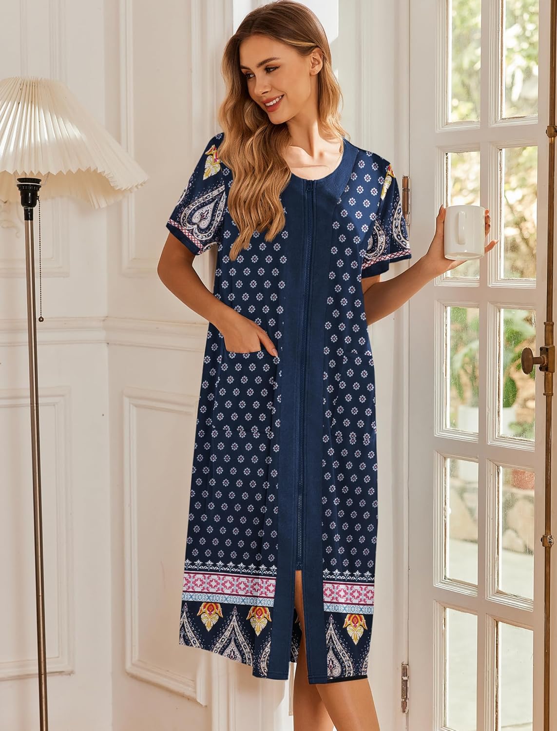 Navy blue zip-front short-sleeve bathrobe with small motifs and colorful hem border