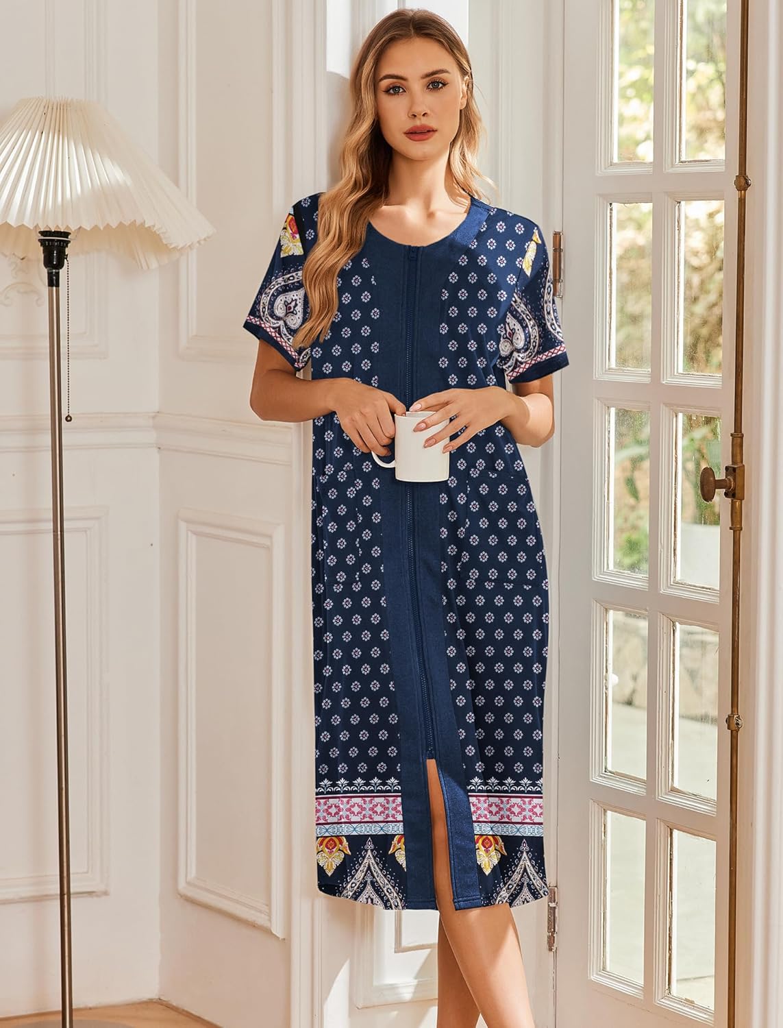 Blue patterned zip-front robe with short sleeves, long length and side slit