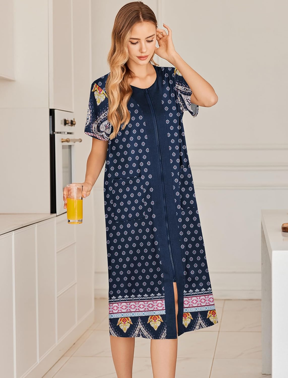 Navy zip-front robe with repeating motifs and multicolor border, short sleeves