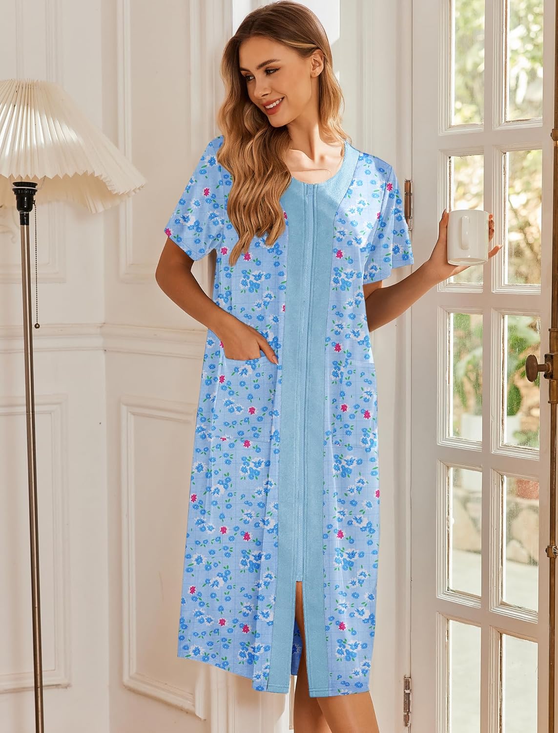 Light blue zip-front robe with short sleeves and small pink floral print