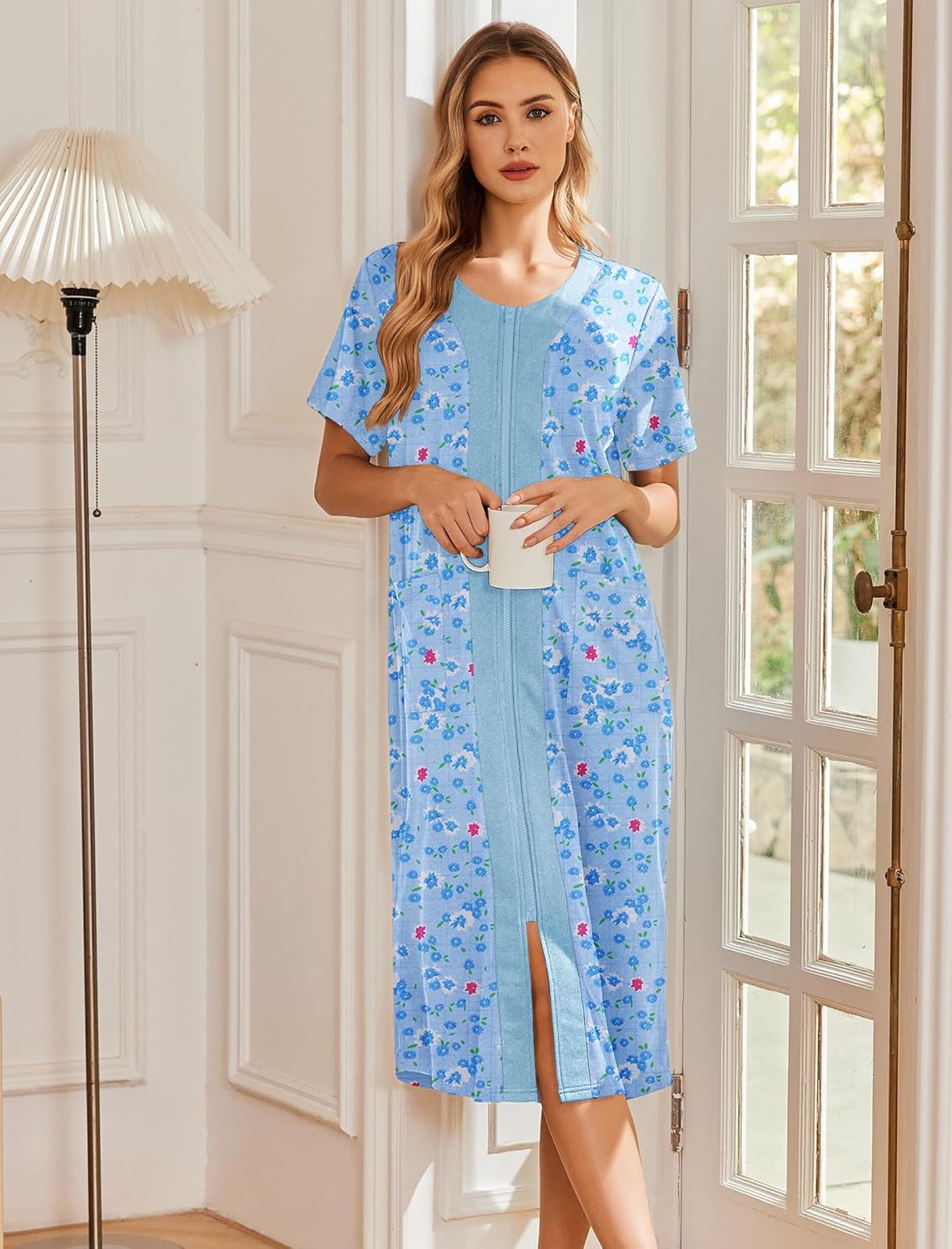 Light blue zip-front nightgown robe with short sleeves and floral pattern