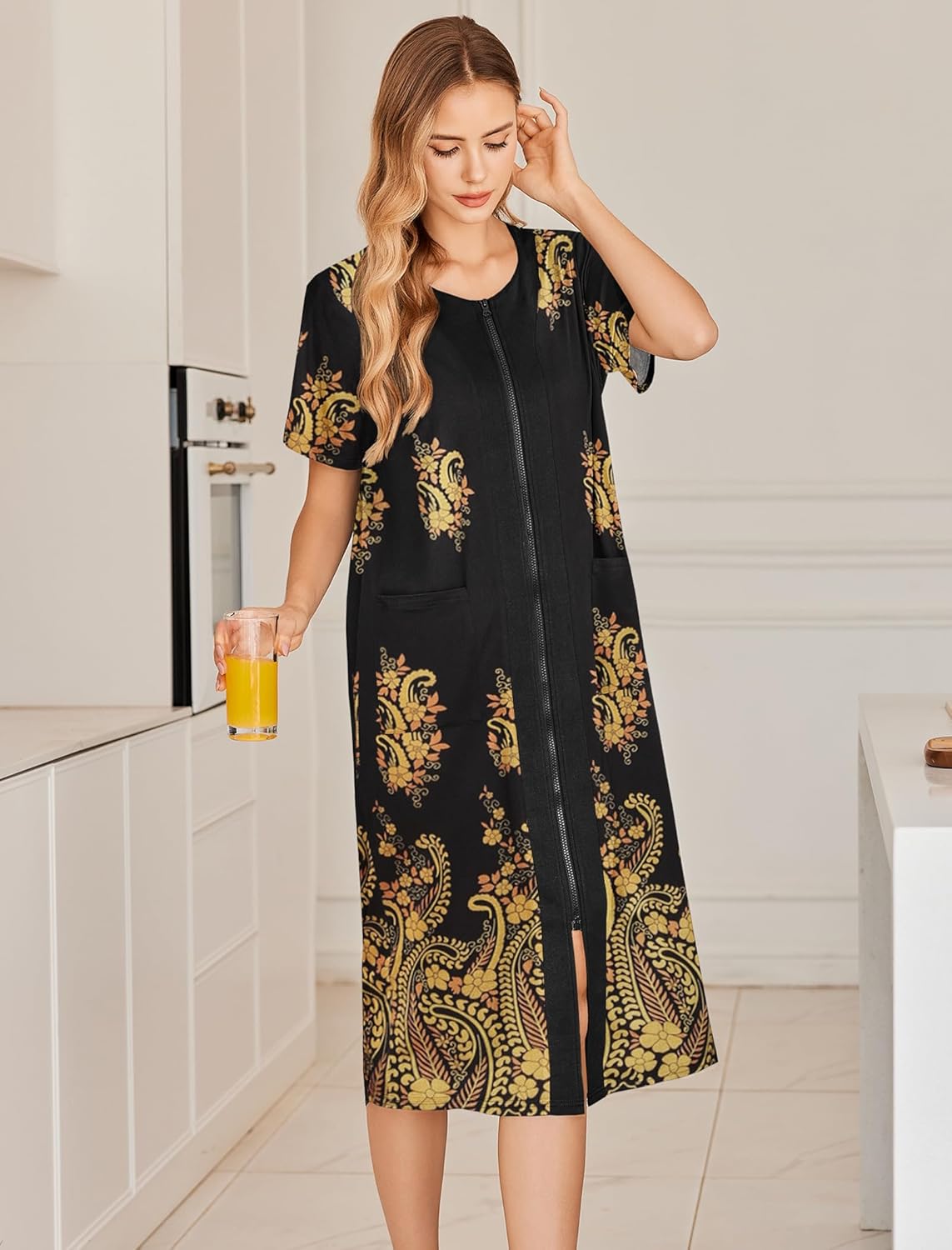 Black robe with gold scroll floral print, front zipper, short sleeves, midi-slit