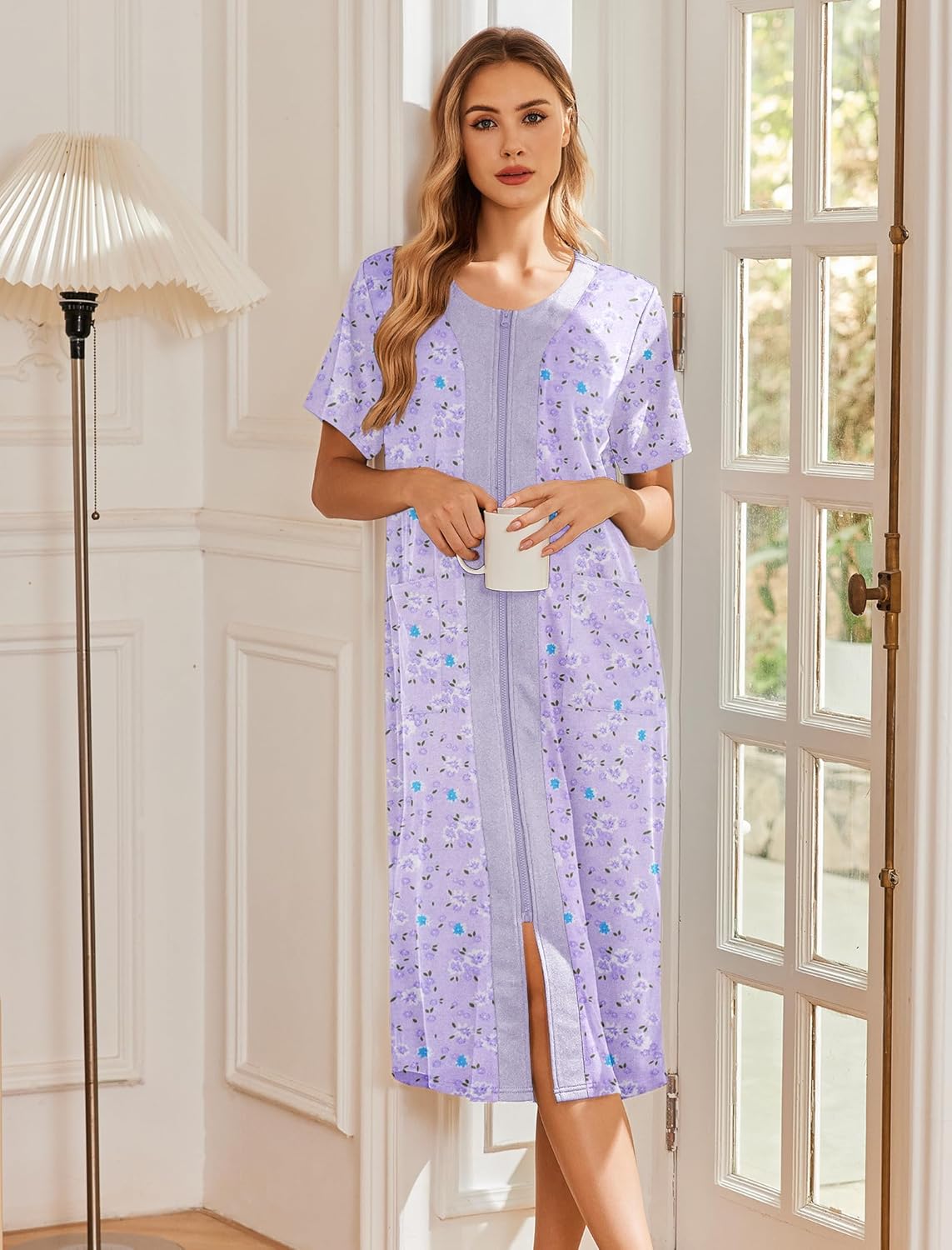 Lavender patterned zip-front house nightgown robe with short sleeves and front slit