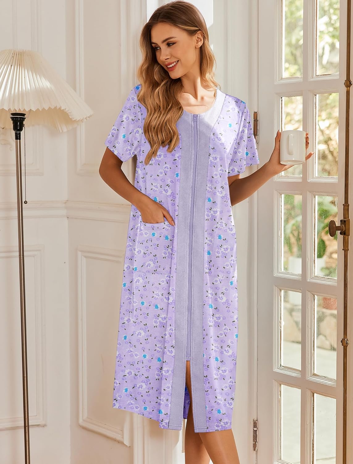 Lavender floral zip-front bathrobe, short sleeves, knee-length with front pockets