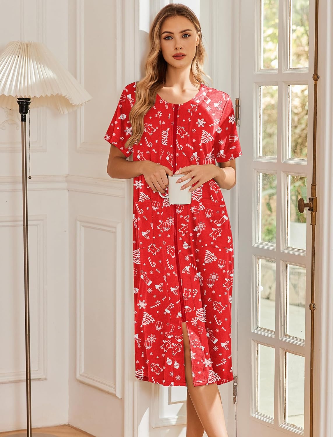 Red zip-front house nightgown robe with short sleeves and front slit, patterned print