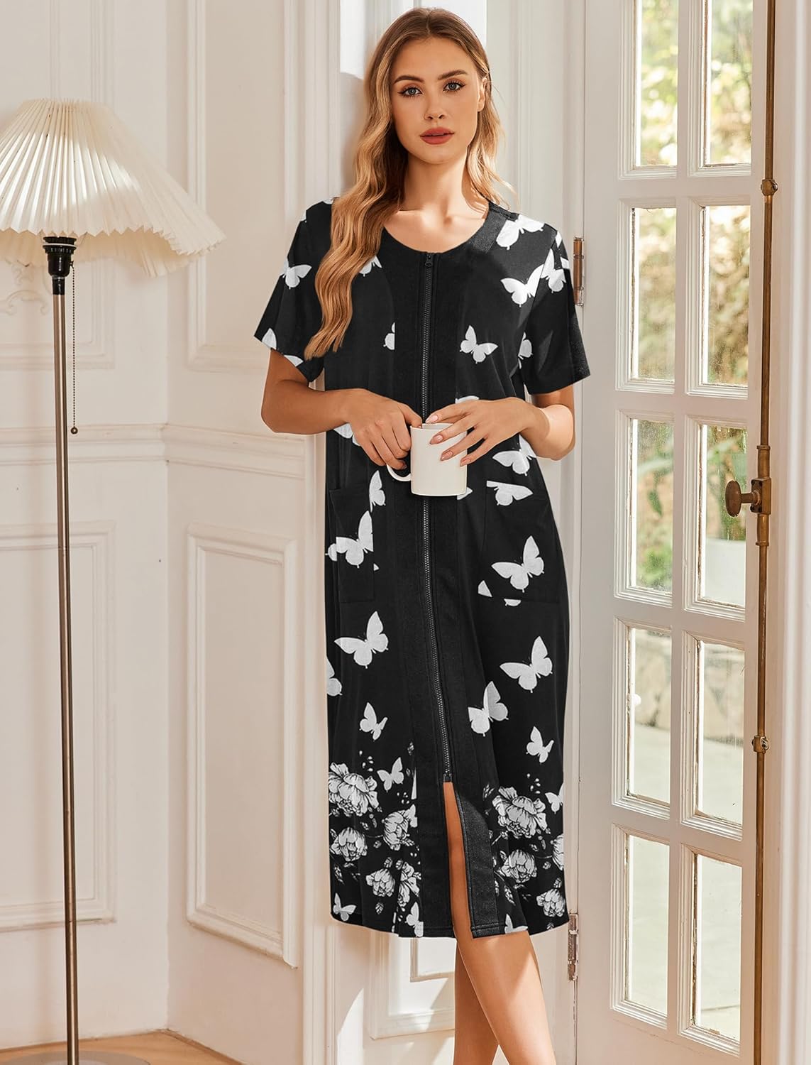 Black butterfly and floral patterned zip-front nightgown robe, short sleeves, front slit