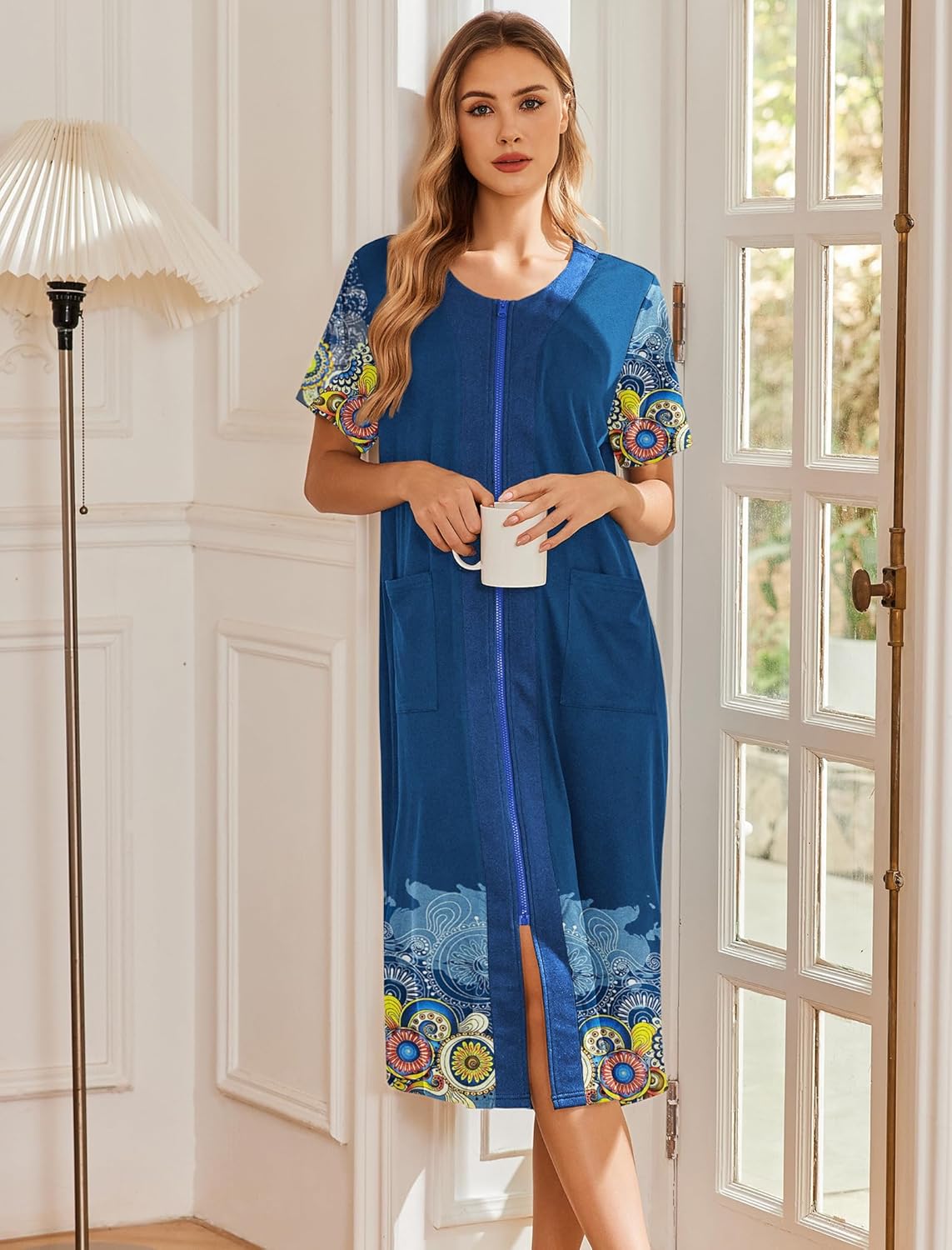 Blue zip-front bathrobe with short sleeves, colorful circular print hem