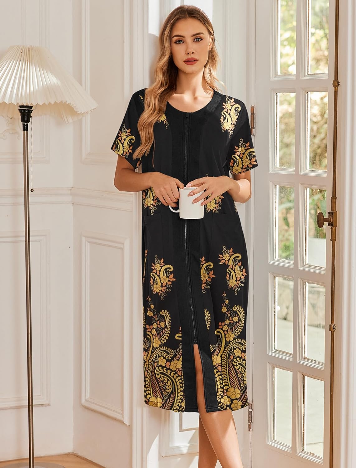 Black zip-front short-sleeve bathrobe with gold floral pattern, long length