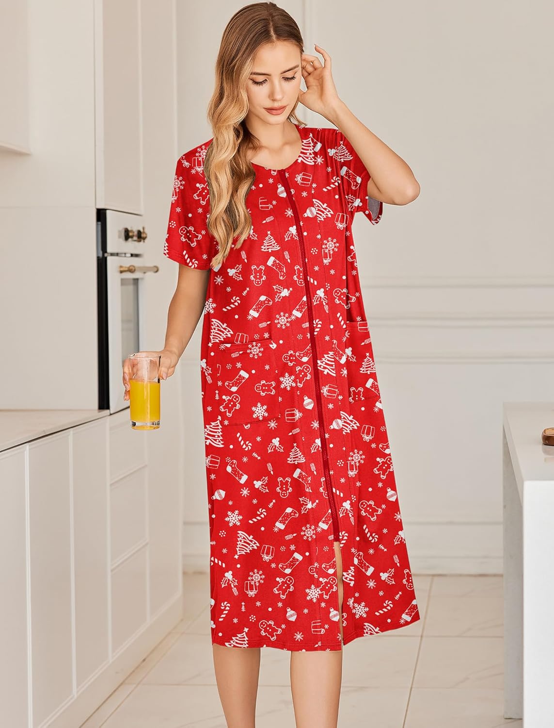 Red zip-front short-sleeve bathrobe with holiday-style animal and snowflake print