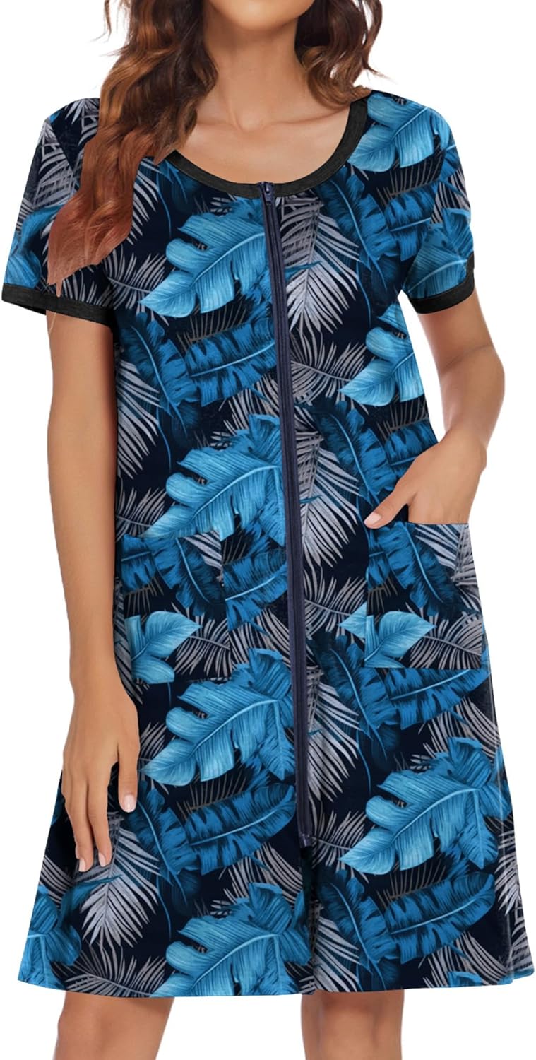 Blue leaf-print zip front house coat robe, short sleeves, knee length