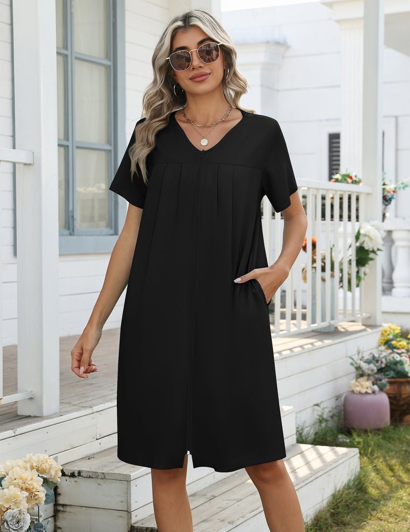 Lightweight nightgown with zipper, knee length, black, with pockets