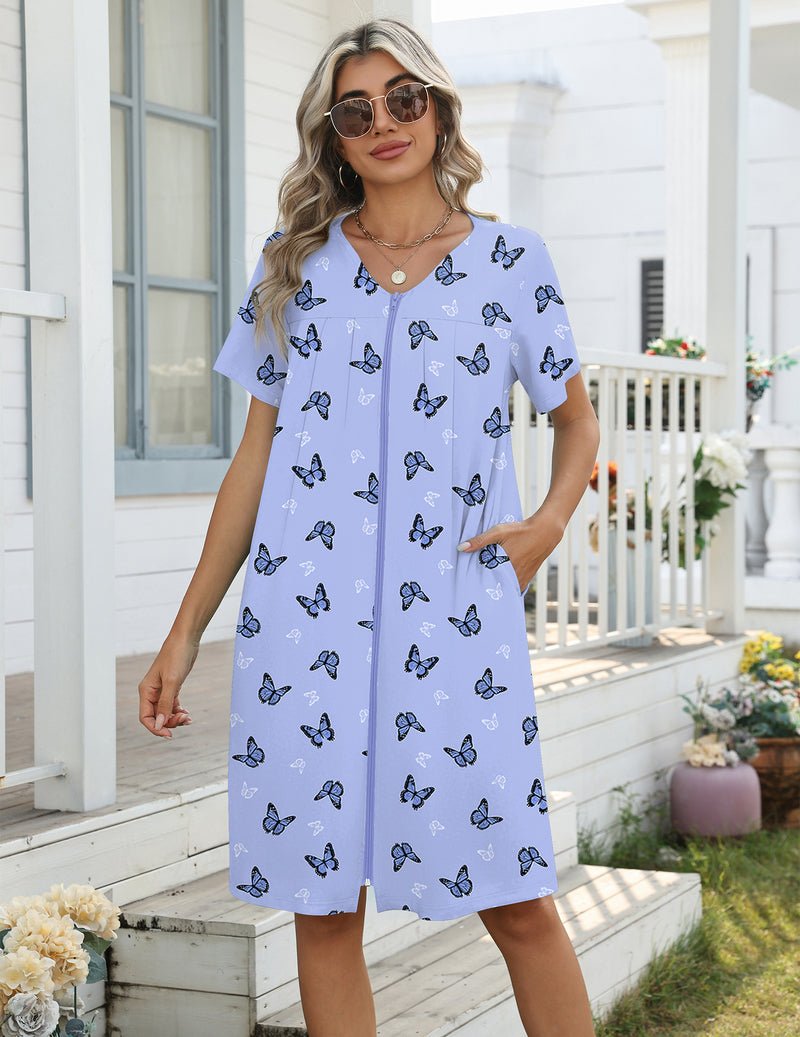 Lightweight nightgown with zipper, knee length, lavender with navy butterfly print, with pockets