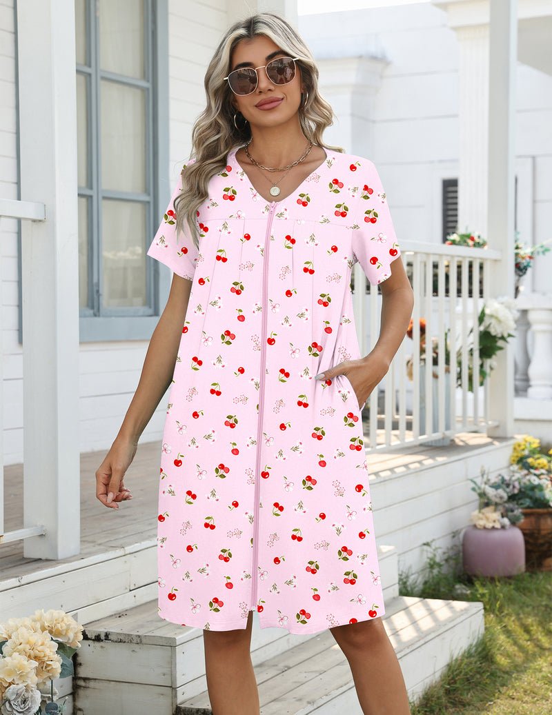 Lightweight nightgown with zipper, knee length, pink cherry print, with pockets
