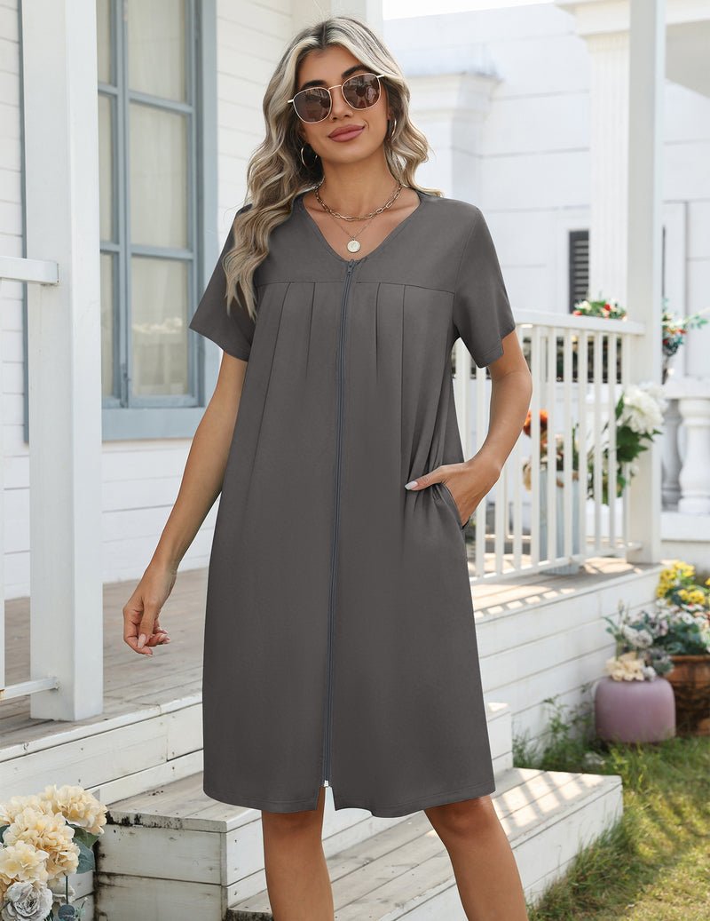 Lightweight nightgown with zipper, knee length, dark gray, with pockets