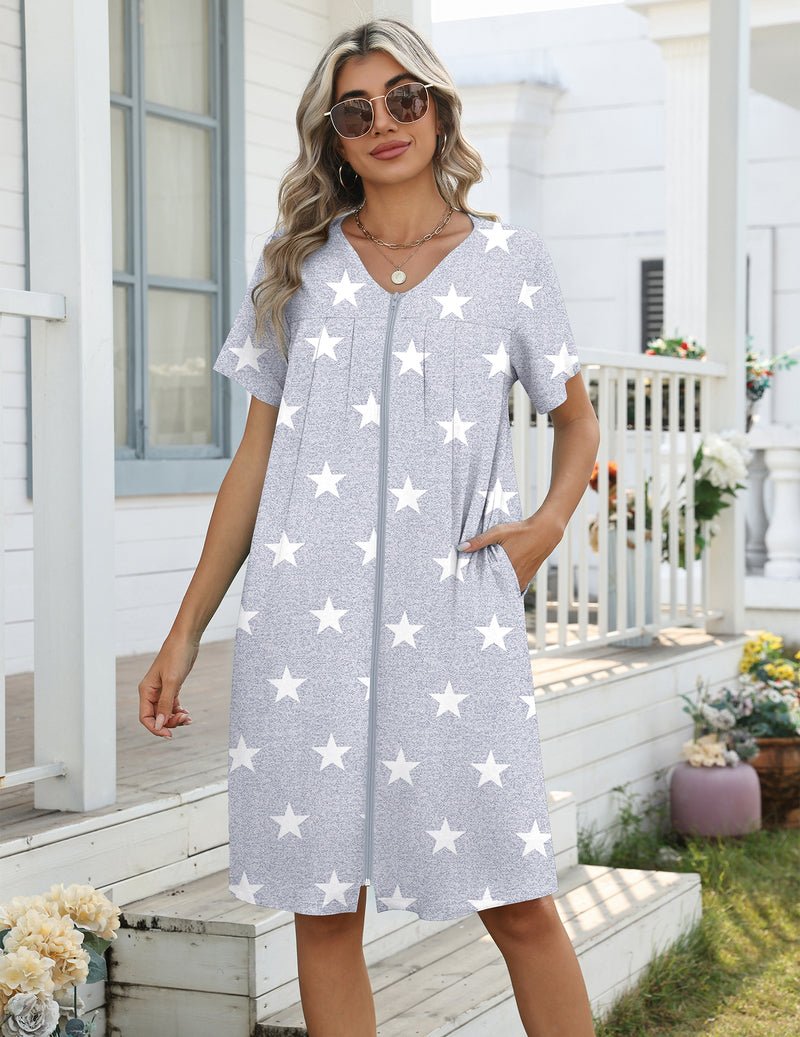 Lightweight nightgown with zipper, knee length, light gray with white star print, with pockets
