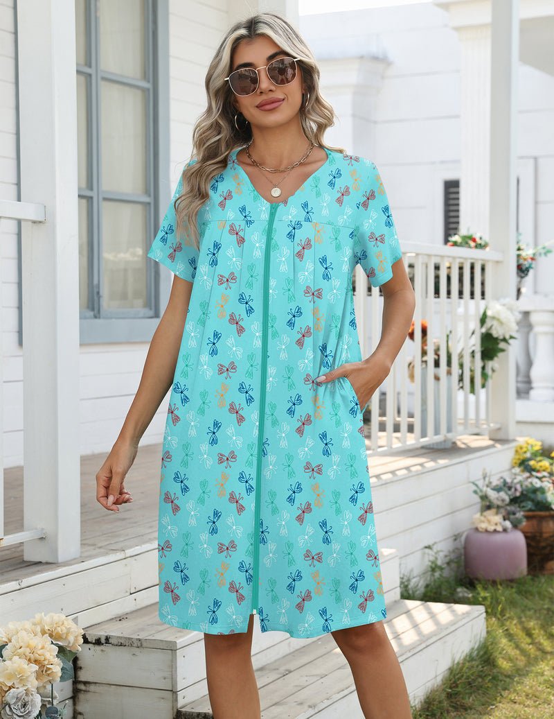 Lightweight nightgown with zipper, knee length, light blue butterfly print, with pockets
