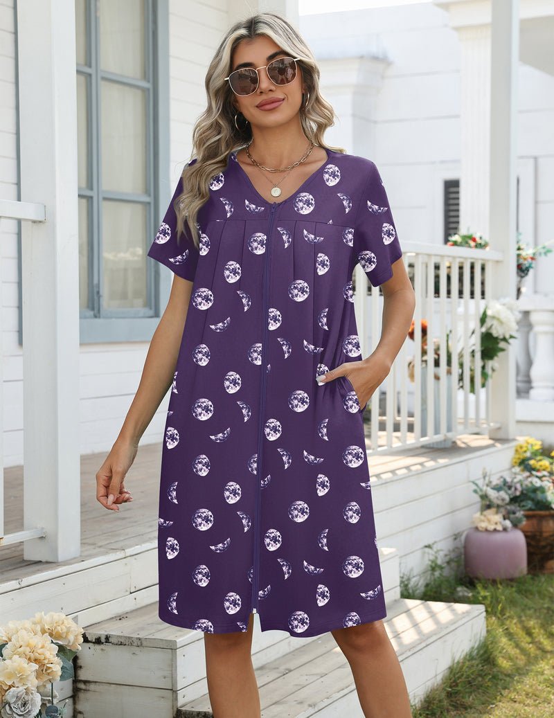 Lightweight nightgown with zipper, knee length, purple moon print, with pockets