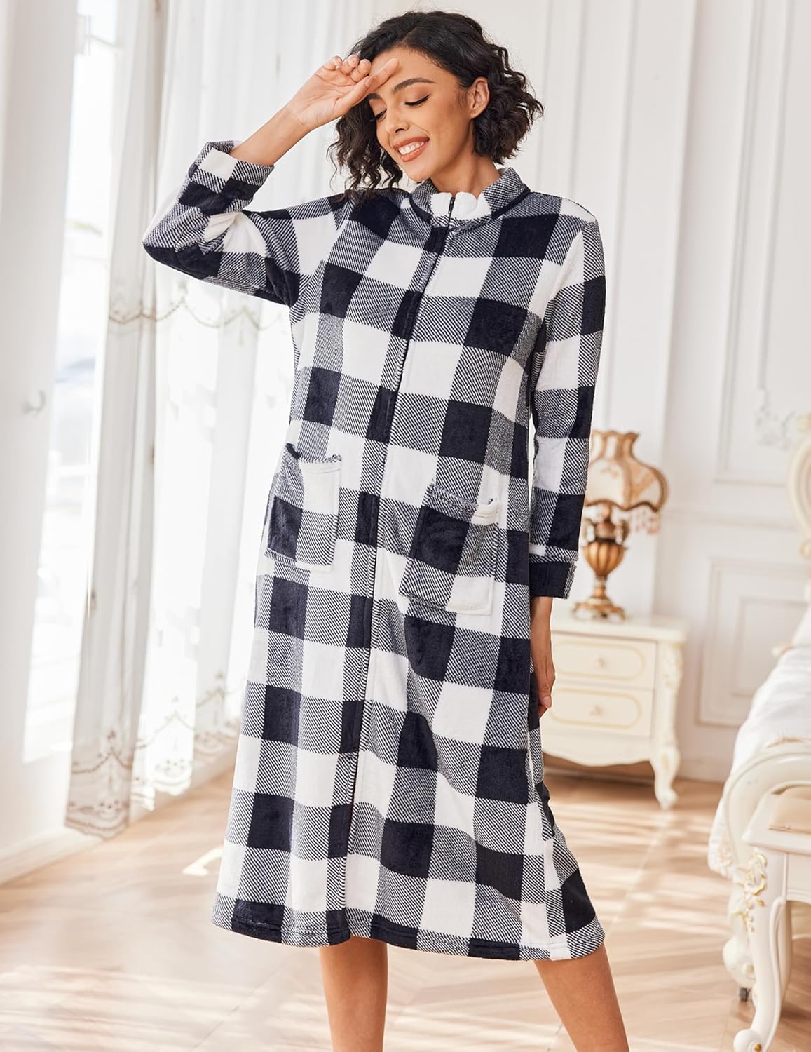Black-and-white plaid fleece zip-front robe with hoodless stand collar and long sleeves