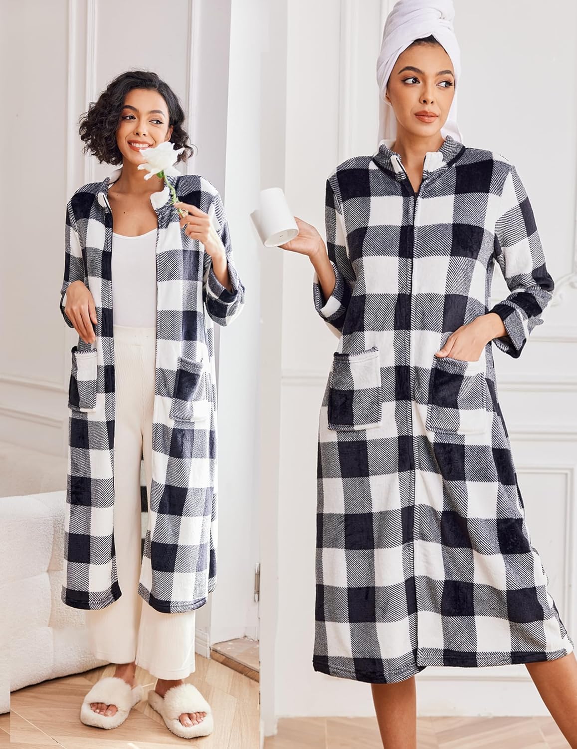 Two-piece styling: black-and-white plaid fleece zip robe with pockets and long sleeves