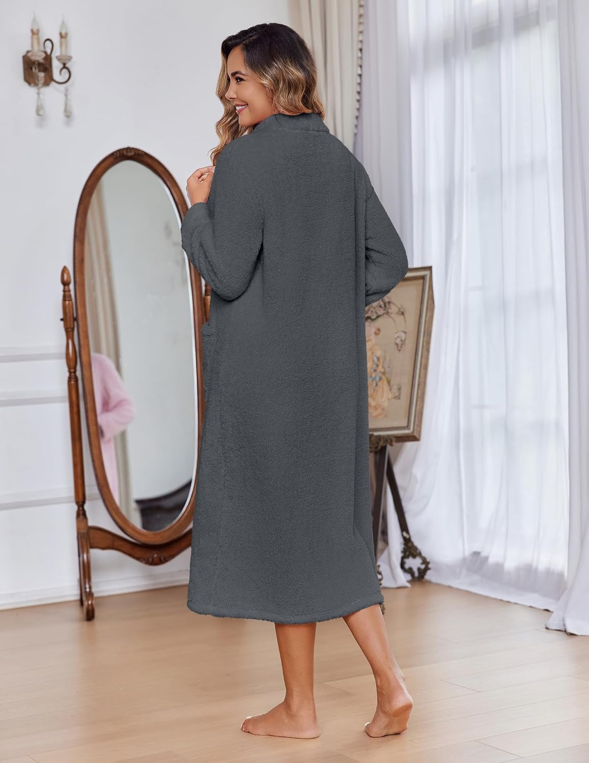 Zipper fleece bathrobe, long sleeves, dark gray, back view with full-length zipper.
