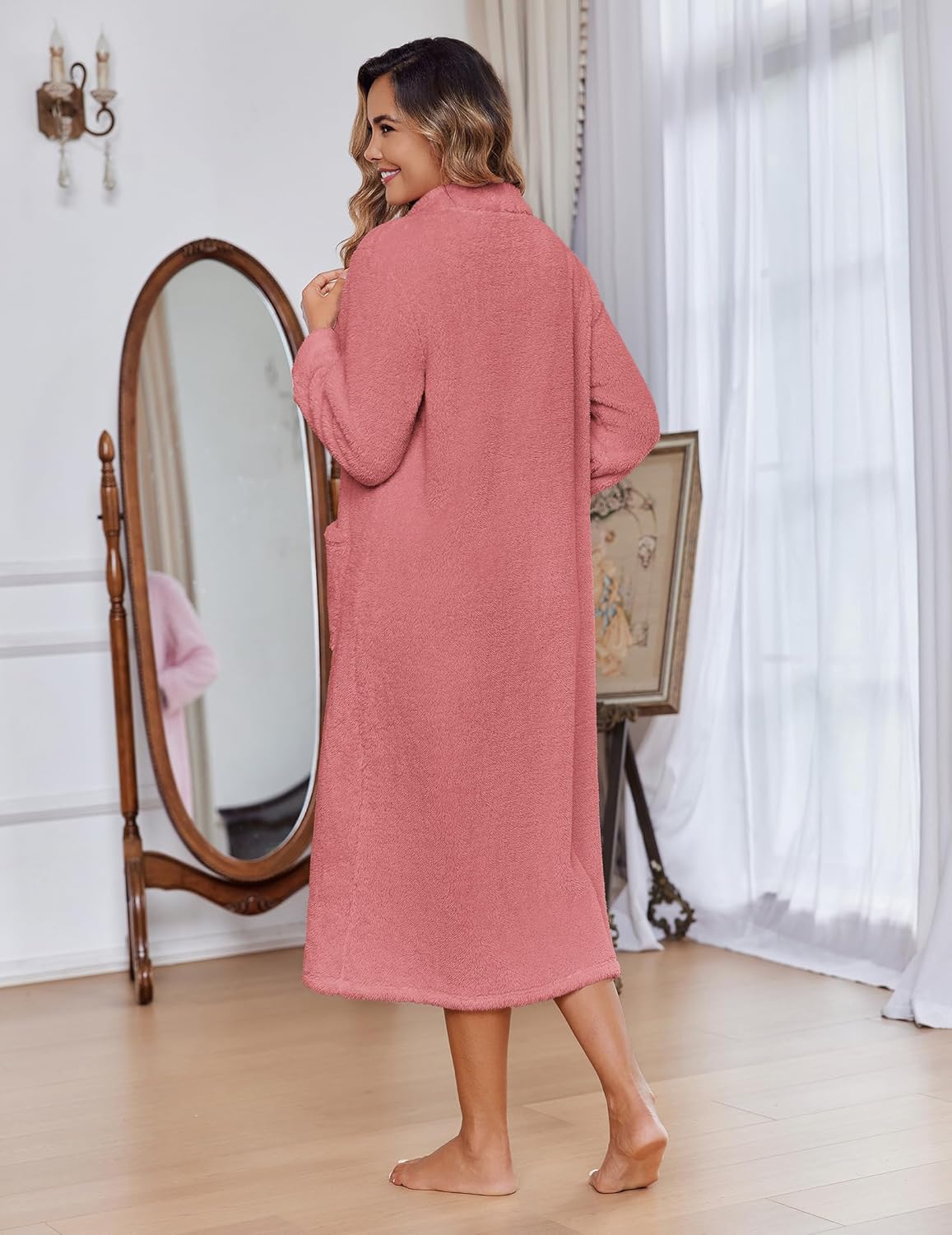Pink fleece zip robe from the back view, long sleeves, mid-calf length