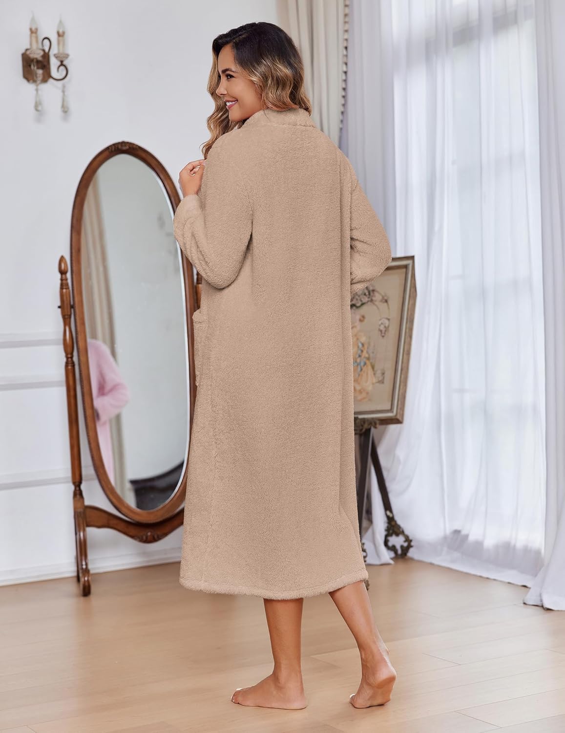 Beige long fleece zip bathrobe with long sleeves and side pockets, back view