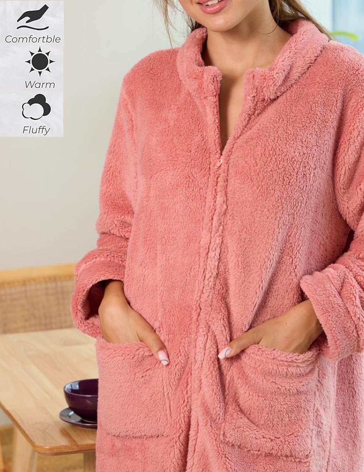 Pink long fleece housecoat robe with full zipper and side pockets