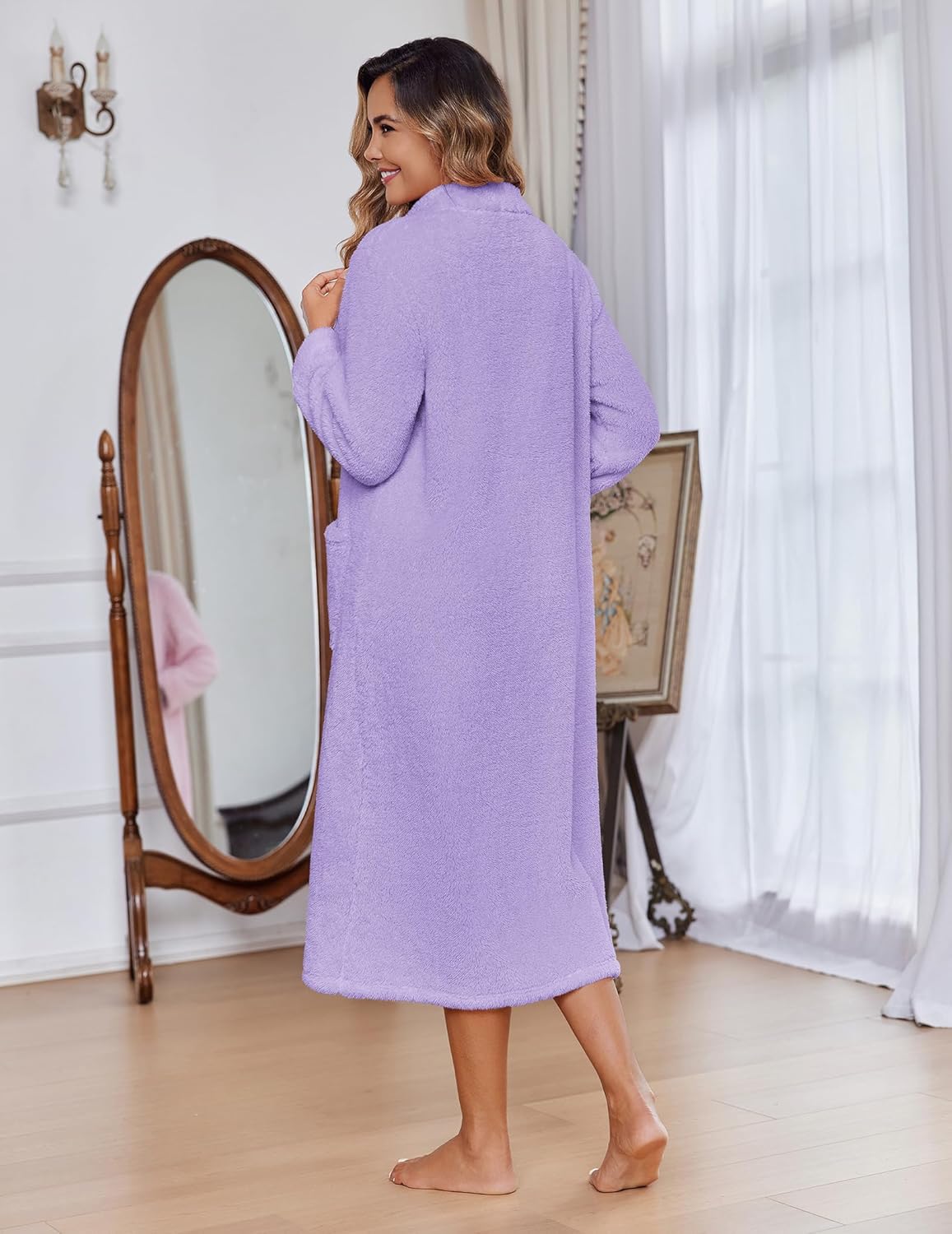 Lavender long fleece zip bathrobe with long sleeves and side pockets, back view