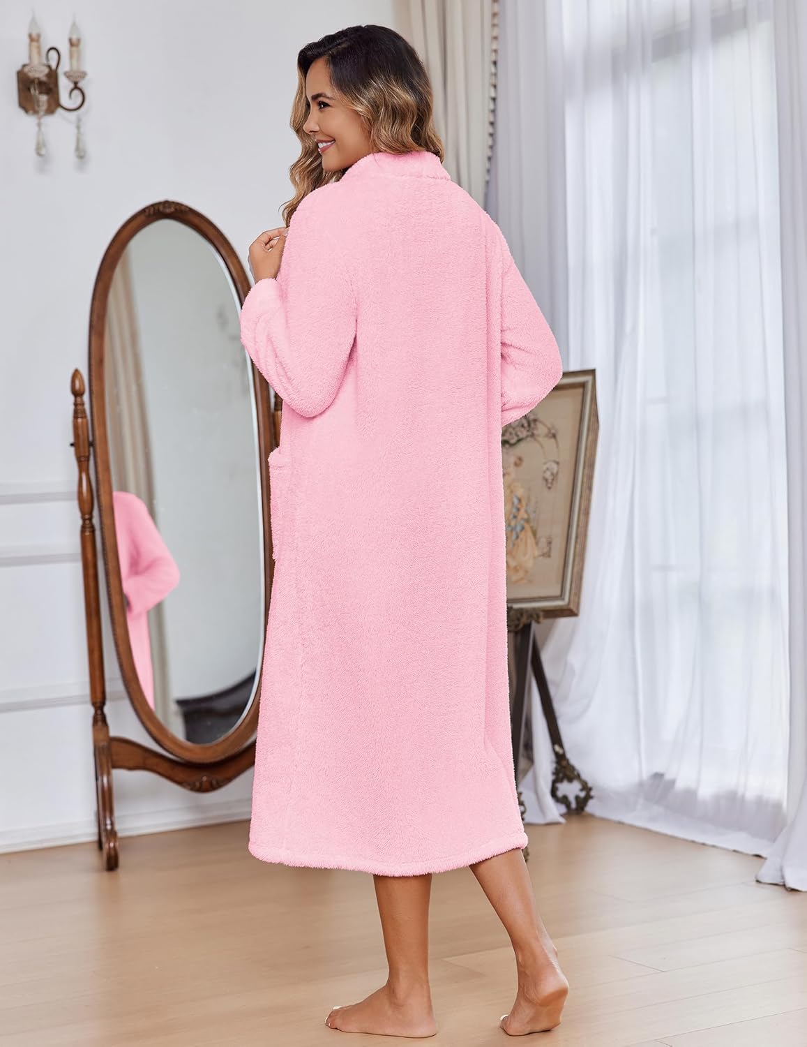 Zipper fleece bathrobe, long sleeves, pink, back view with full-length hoodless collar.