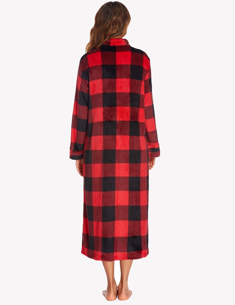 Fleece zipper bathrobe, long sleeves, red-and-black plaid, back view, mid-calf length.