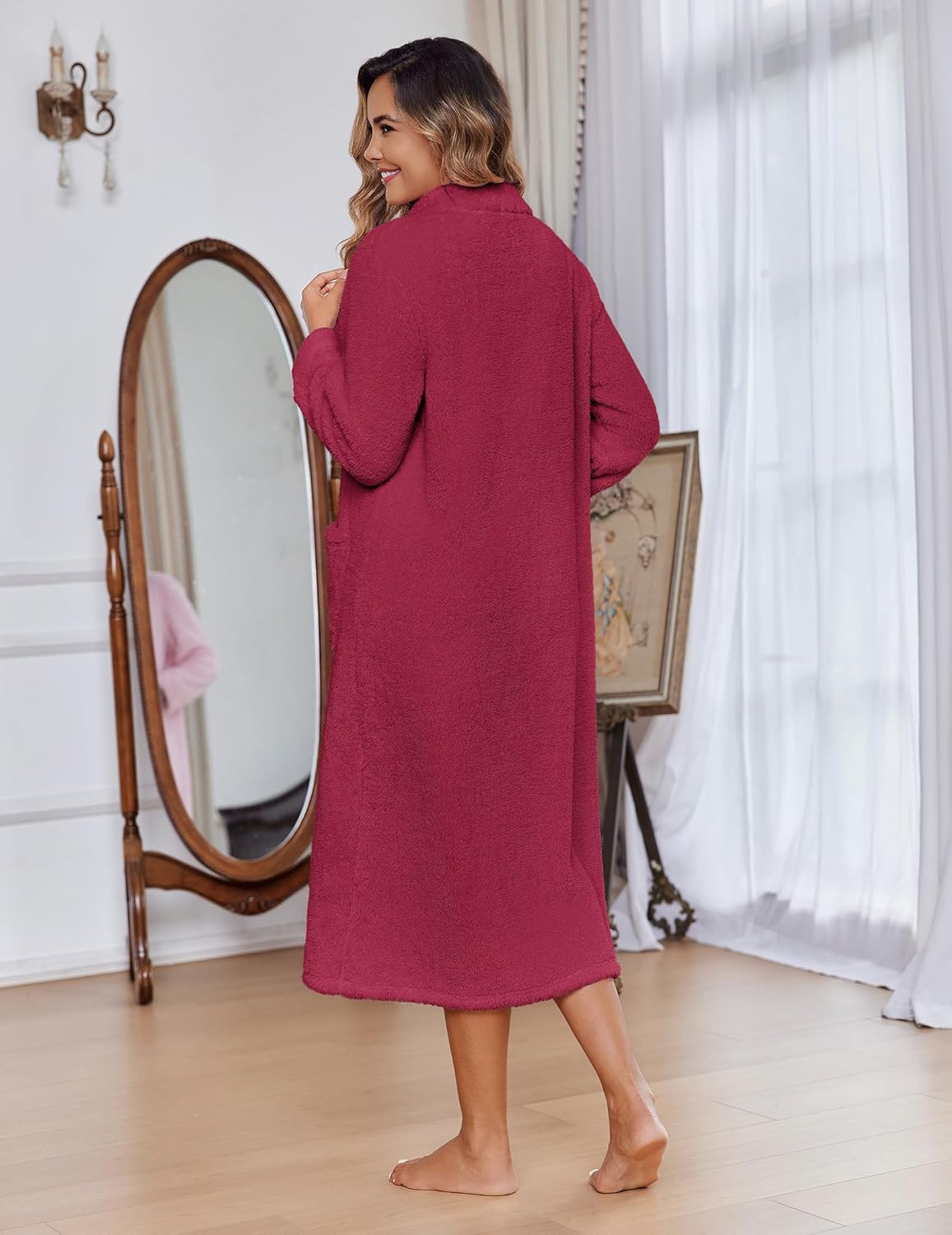 Fuchsia long fleece zip bathrobe with stand collar, long sleeves, side pockets, back view