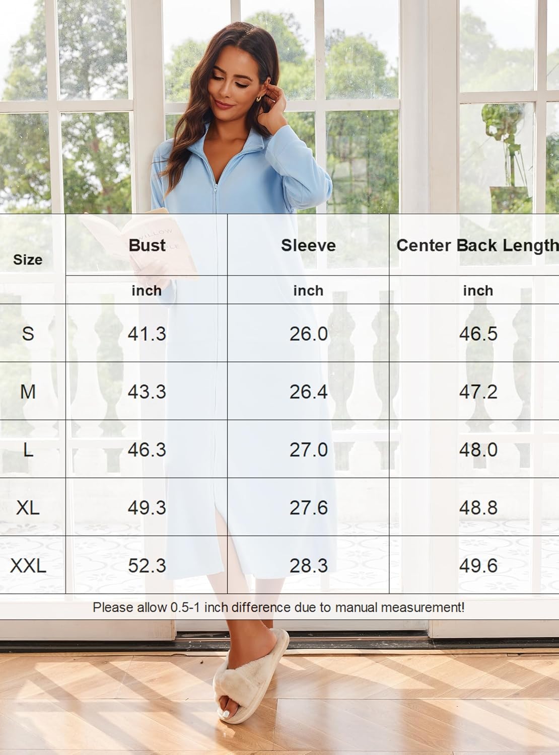 Size chart for house coat robe: Bust, Sleeve, Center Back Length (inches)
