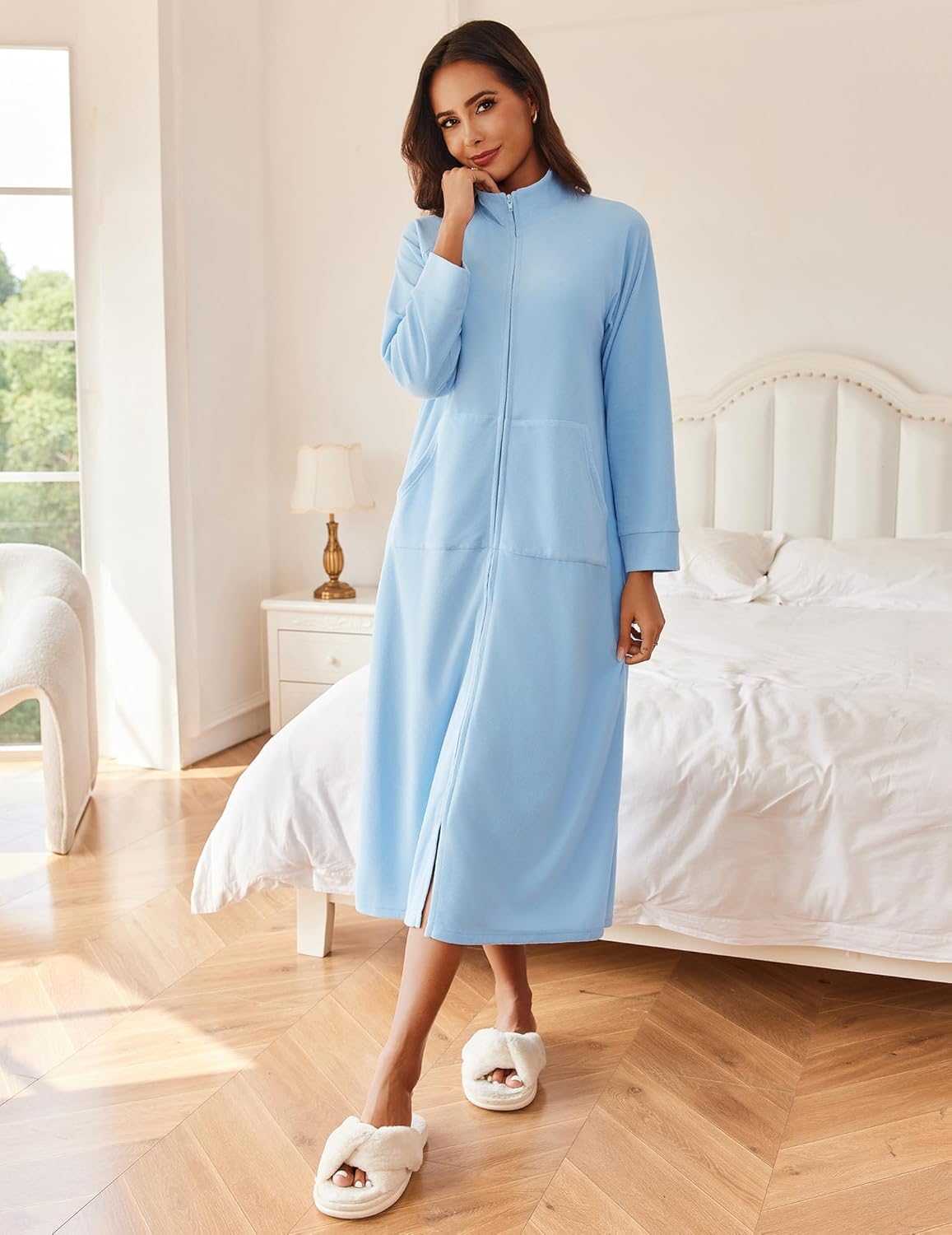 Zip-front hooded long house coat robe, light blue, mid-calf length