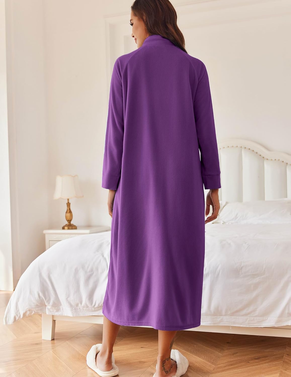 Back view of long zip-up house coat robe, purple, long sleeves, hooded