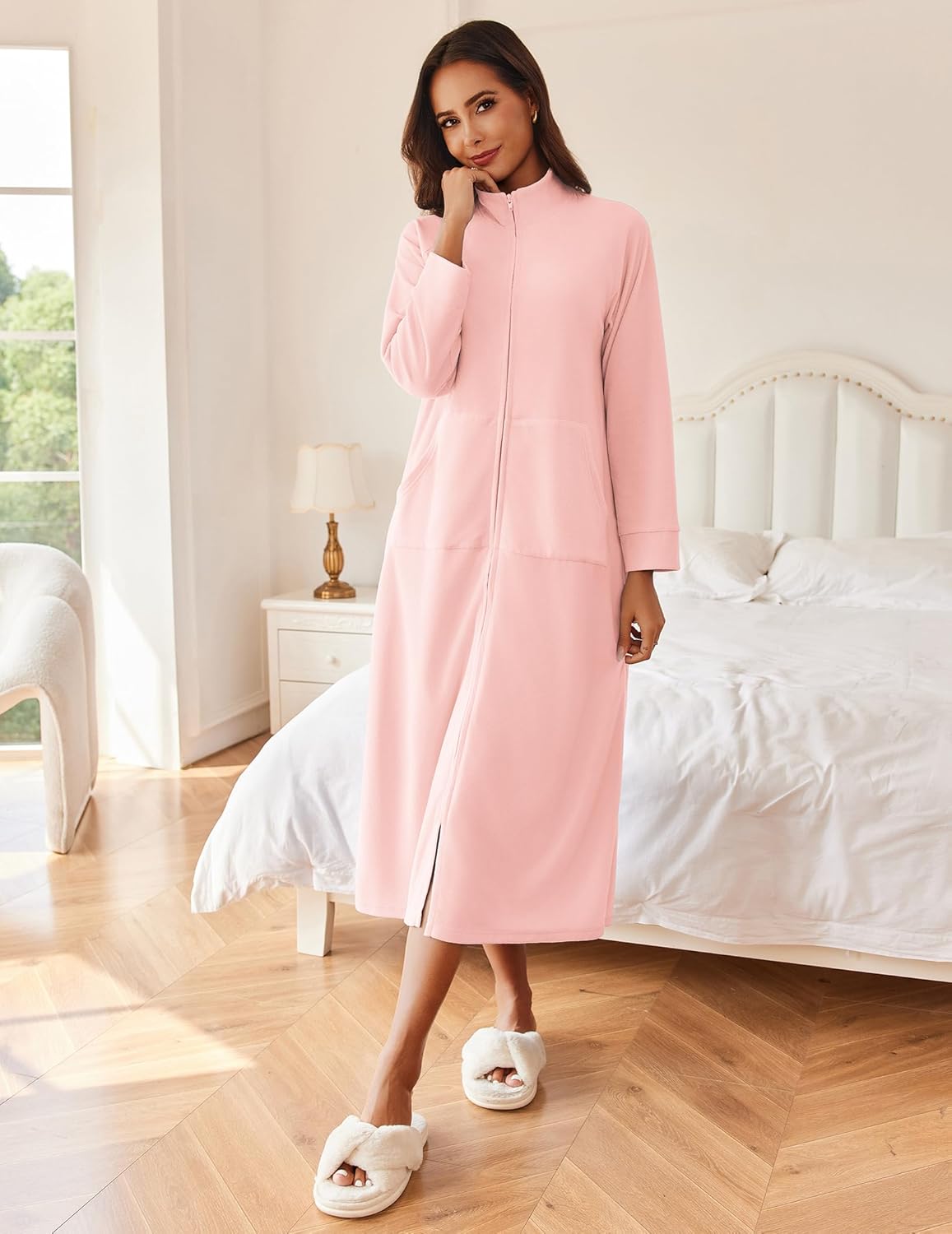 Light pink long-sleeve zip house coat with stand collar and side patch pockets