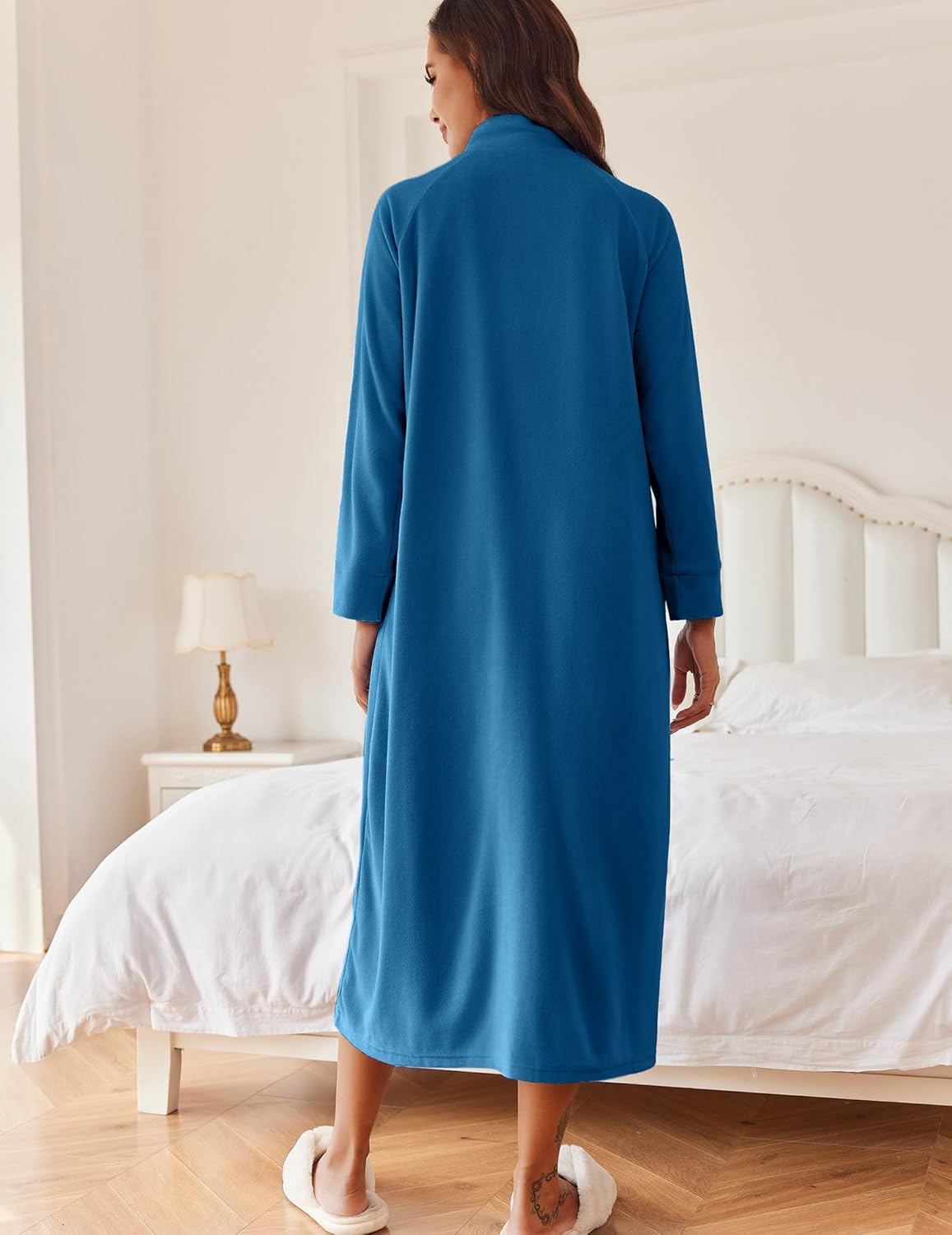 Back view of zip-front long house coat robe, light blue, long sleeves