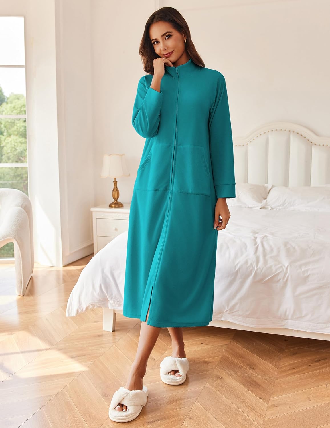 Teal long sleeve zip robe, mid-calf length, front view with pockets