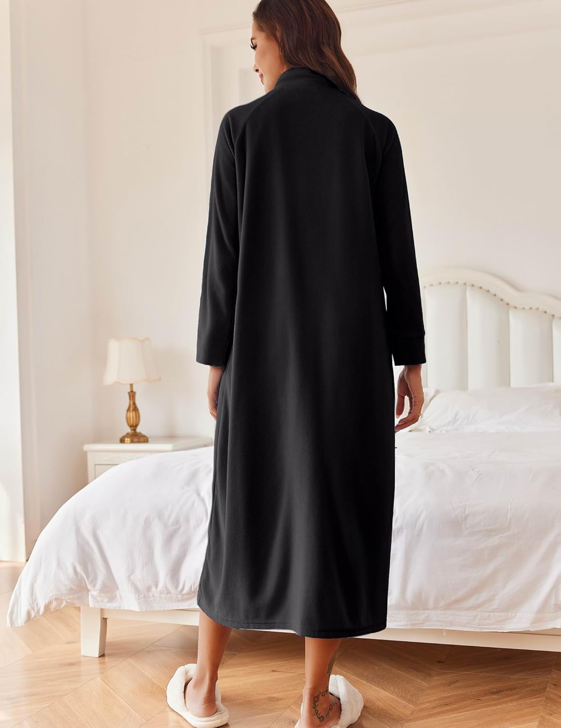 Black long zip house coat robe, long sleeves, back view.