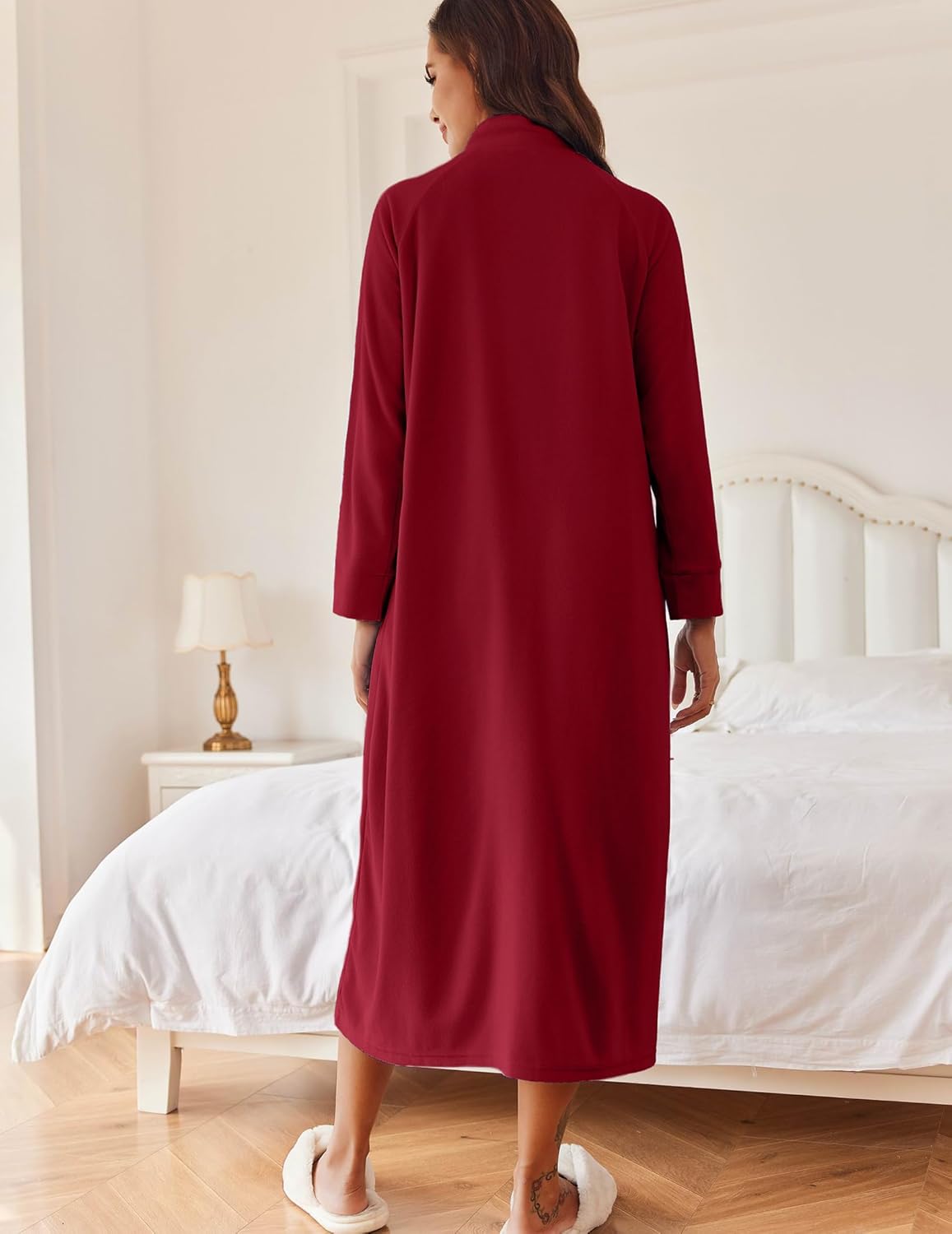 Wine red long zip house coat robe, long sleeves, back view.