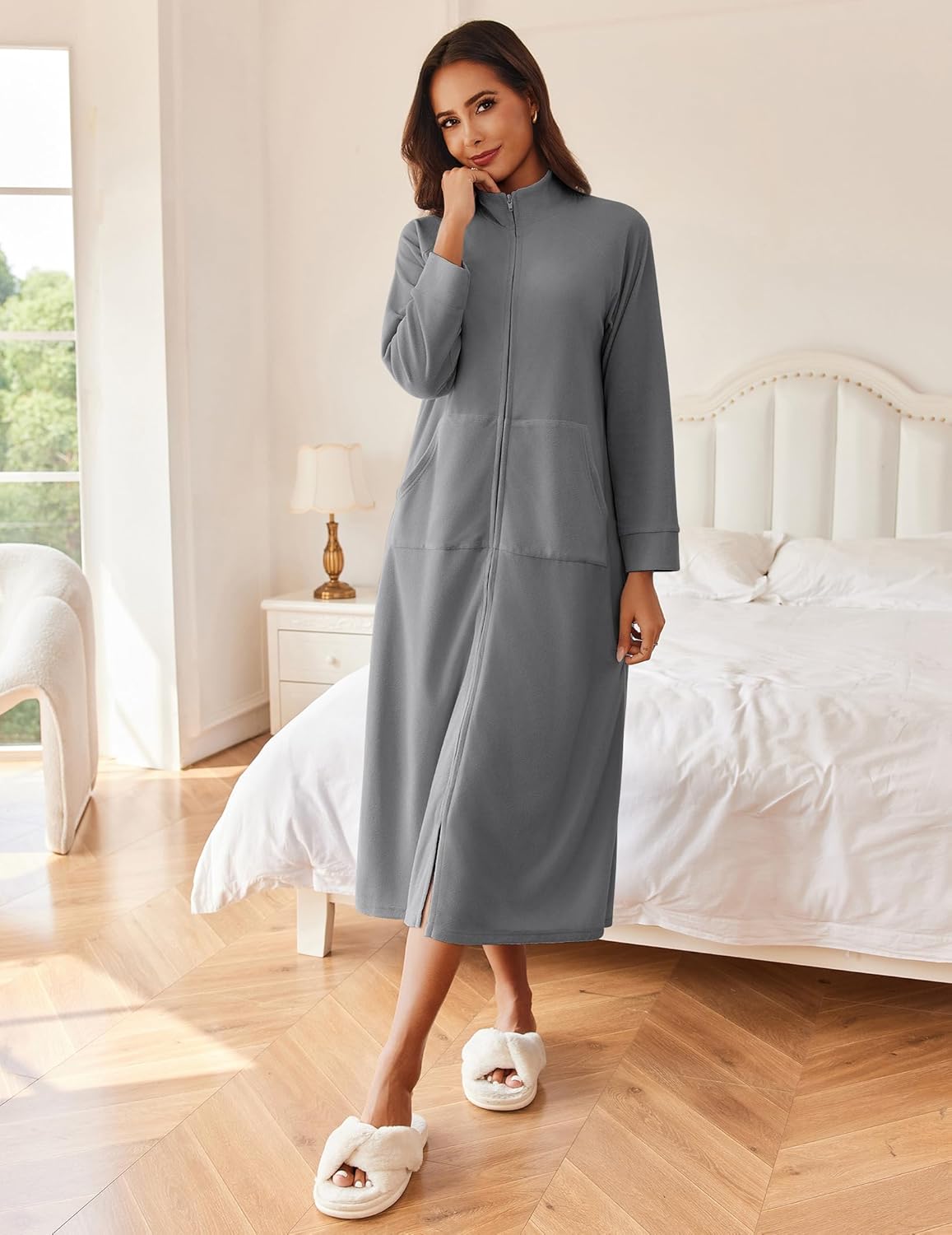 Light gray long sleeve zip robe with stand collar and side pockets.