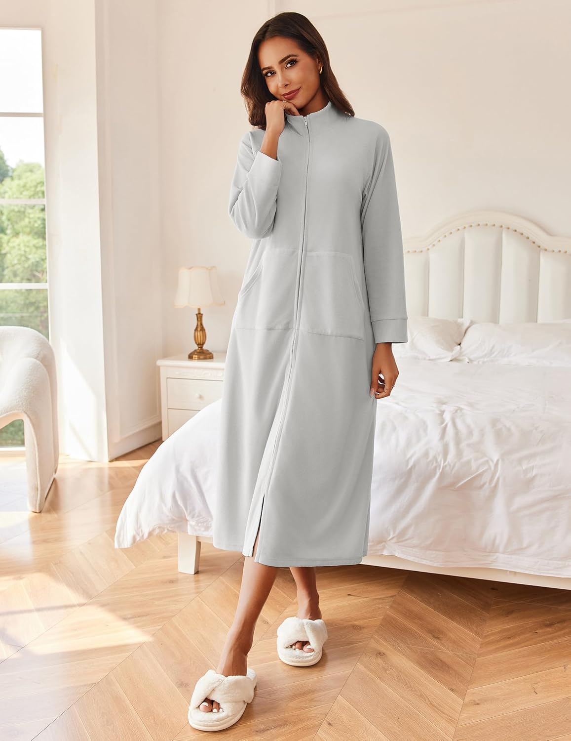 Light gray long sleeve zip robe, mid-calf length, front view