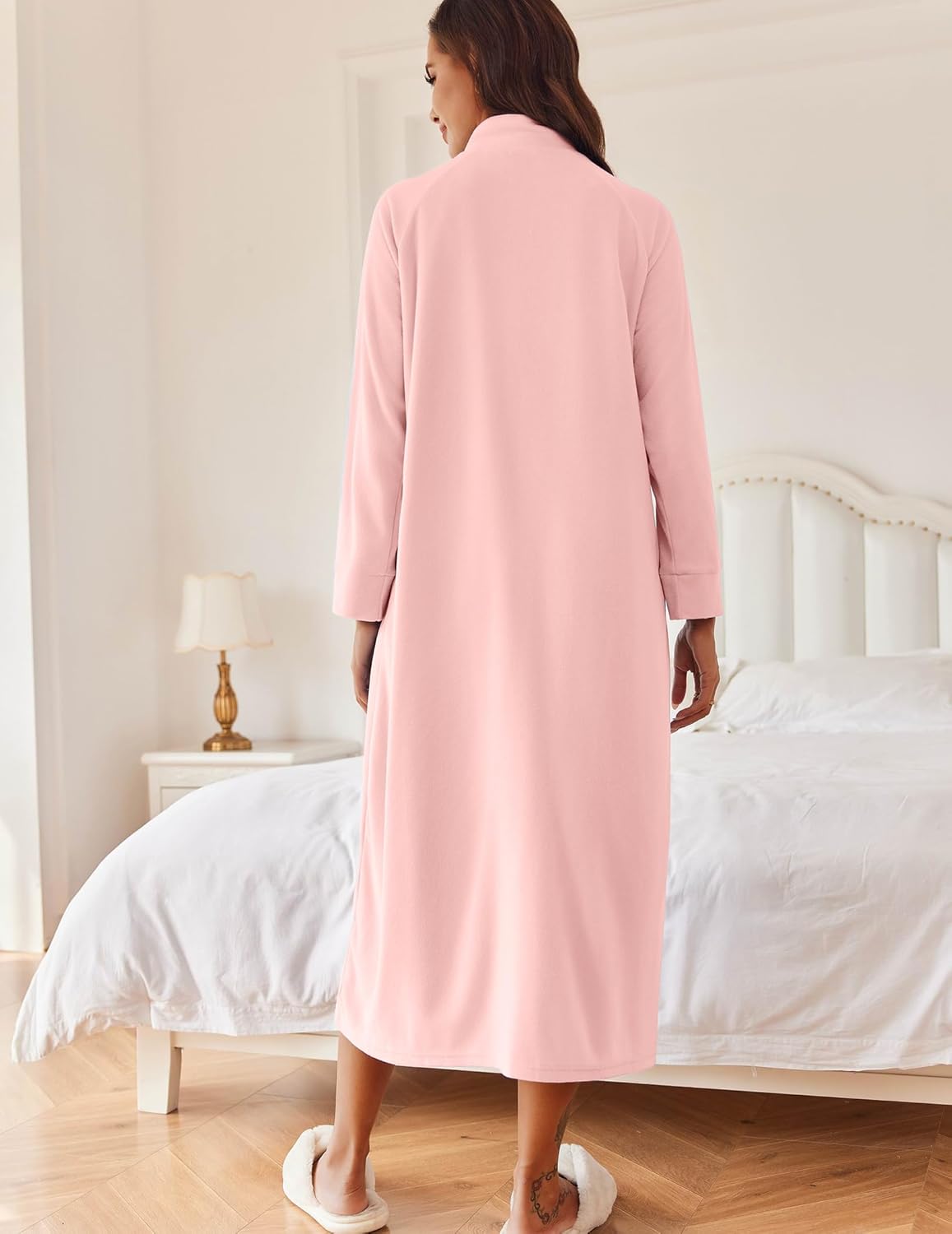 Light pink zip-front long sleeve robe, mid-calf length, back view