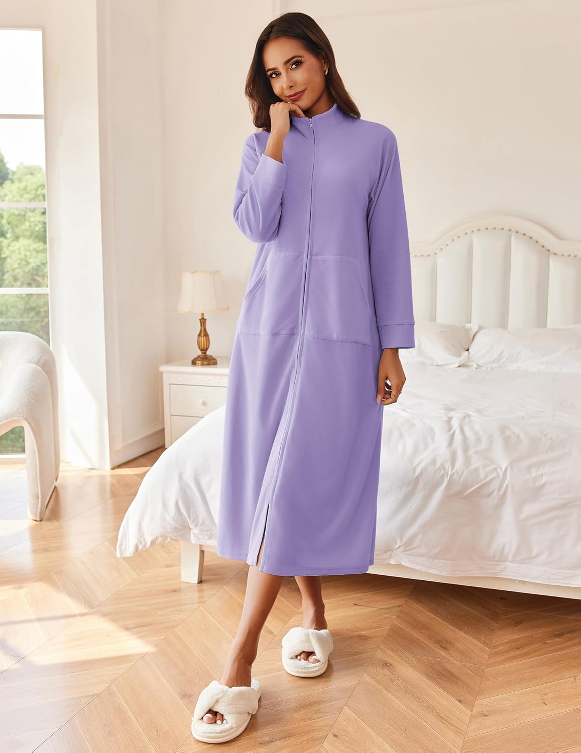 Light purple long-sleeve zip house coat, full-length with patch pockets