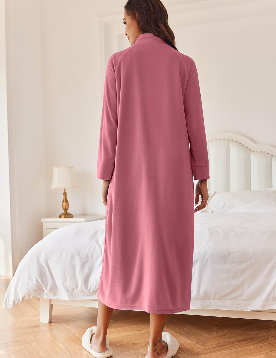 Rose wine long-sleeve zip house coat, back view with stand collar
