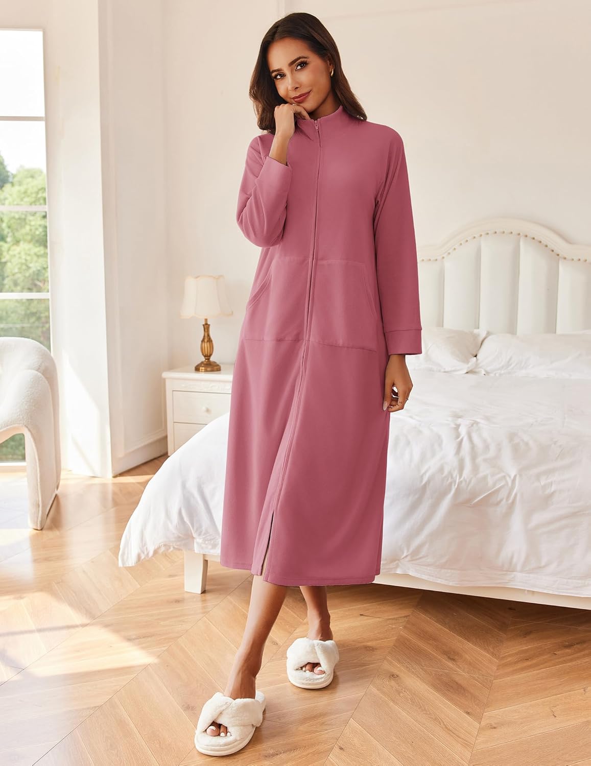 Wine-red long-sleeve zip house coat with stand collar and patch pockets