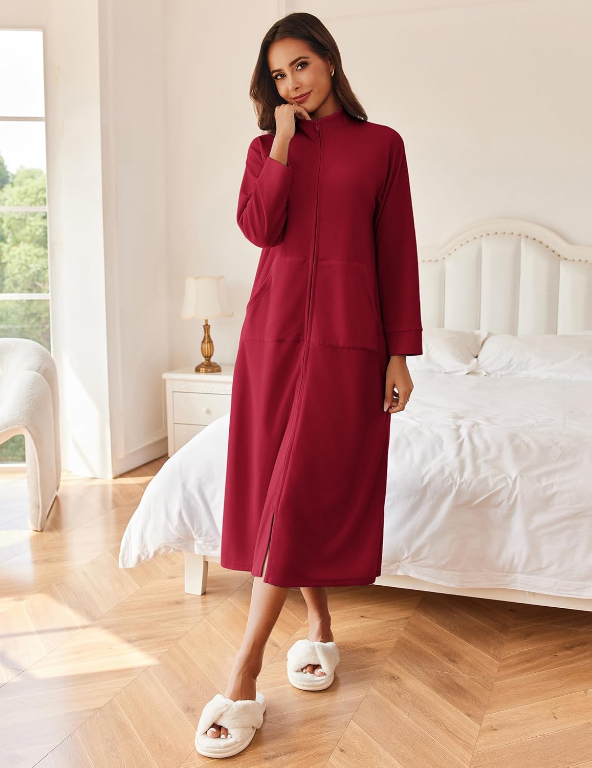 Wine red long sleeve zip robe, mid-calf length, front view with pockets