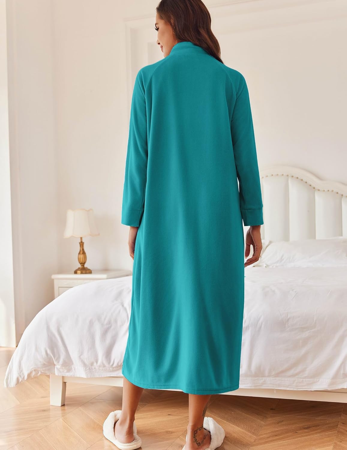 Teal zip-front long sleeve robe, mid-calf length, back view