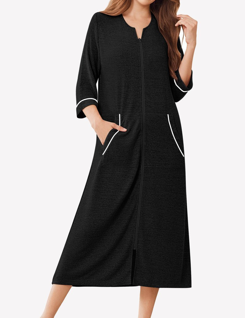 Black zip-front bathrobe, 3/4 sleeves, contrast piping, two side pockets