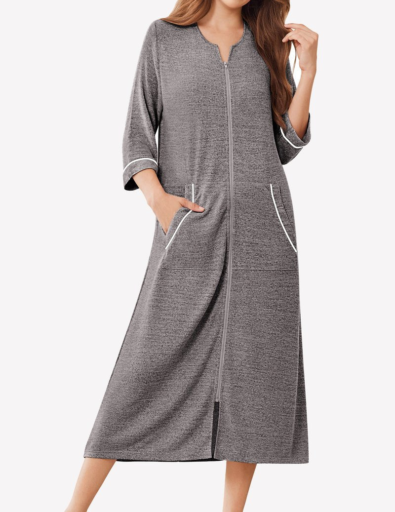 Light gray zip-front bathrobe, 3/4 sleeves, hoodless, contrast trim and two pockets